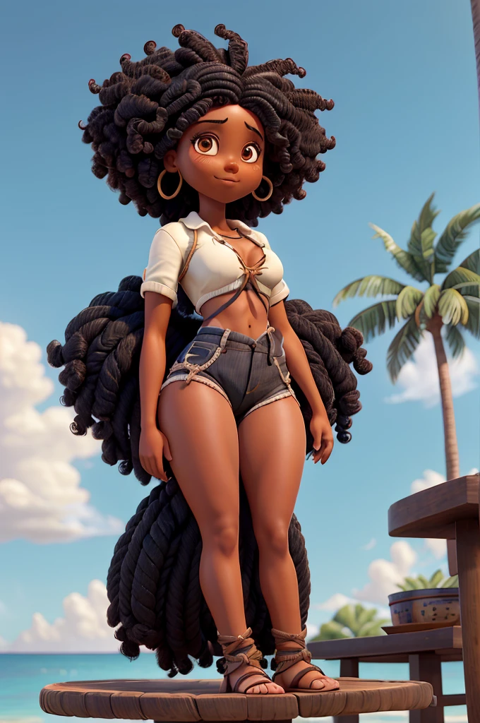 Black woman afro hair sitting from behind on a palm tree with a rope around her ankles, rope bondage, exposed thighs, waist - shot, rope, sexy girl wearing shorts, extremely detailed giantess photo, Shibari, exposed thighs!!!, tied shirt, giantess photo highly detailed, tied with chair, ripped shorts, short shorts, absolutely excellent, big thighs