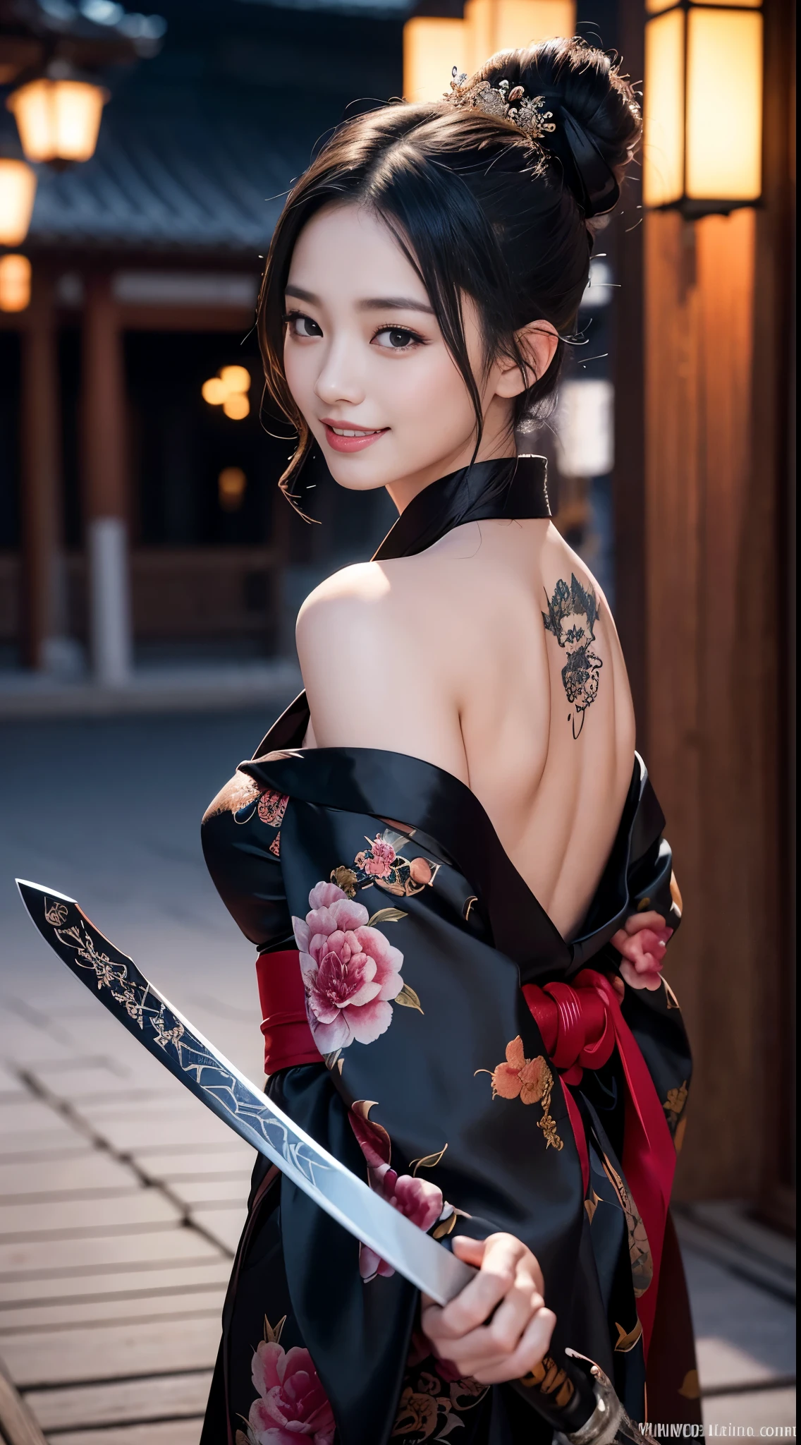 8K Ultra HD, Digital SLR,Film Grain, Fujifilm XT3,(Highest quality:1.3), (masterpiece:1.1), High resolution, Cinematic Light, Intricate details, (Realistic) (Night view) Realistic backlight、Dramatic reddish light、Beautiful Japanese Geisha full body photo, ((Facial texture Pore details)), Grin、Devilish smile, Simple messy hairstyle, She wears a black satin kimono decorated with traditional dragon motifs.., Open shoulders, Colorful dragon tattoos all over the body, Has a long blade, Long-bladed Japan sword in hand,Inside a traditional villa, 8K, Front blur