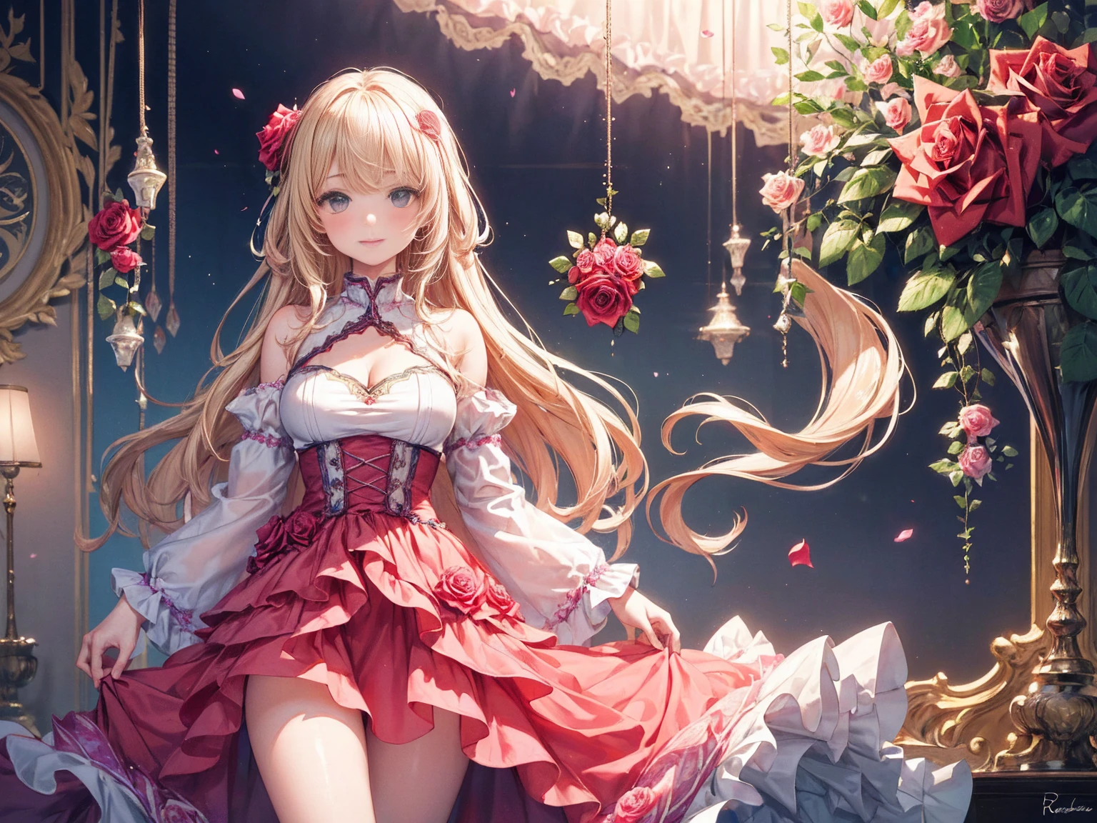 (Highest quality)), ((masterpiece)), ((Super detailed)), (Very delicate and beautiful),(Rose fractal art:1.5),Beautiful girl, Fine grain,Abstract and mysterious girl, Long blonde hair,Pink Dress, Dreamy swirls of pastel colors and soft light, Evokes a sense of serene serenity and elusive beauty,Attention to detail,Captivating smile,Imaginative,In a room with flowers,Cowboy Shot
