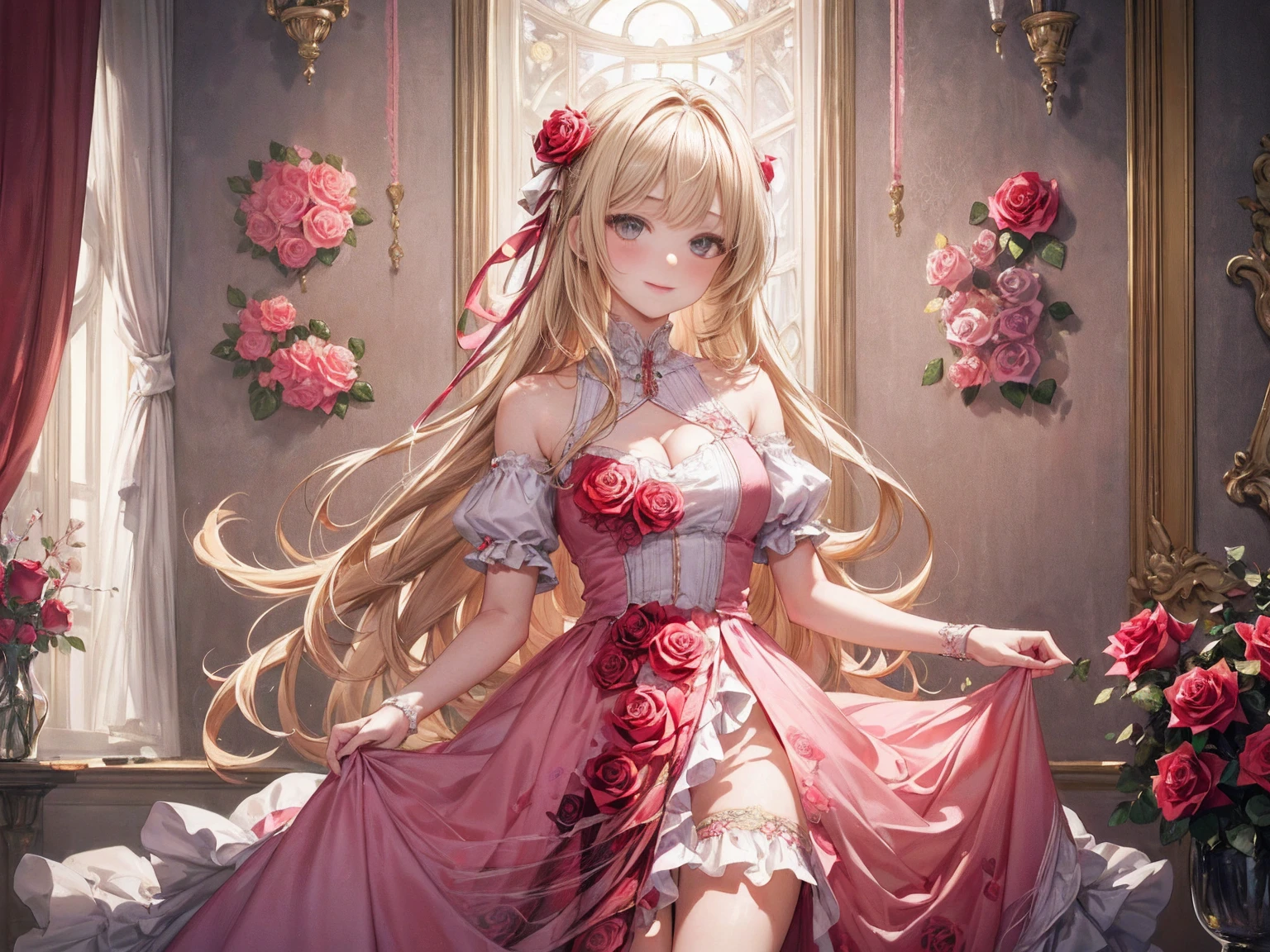 (Highest quality)), ((masterpiece)), ((Super detailed)), (Very delicate and beautiful),(Rose fractal art:1.5),Beautiful girl, Fine grain,Abstract and mysterious girl, Long blonde hair,Pink Dress, Dreamy swirls of pastel colors and soft light, Evokes a sense of serene serenity and elusive beauty,Attention to detail,Captivating smile,Imaginative,In a room with flowers,Cowboy Shot