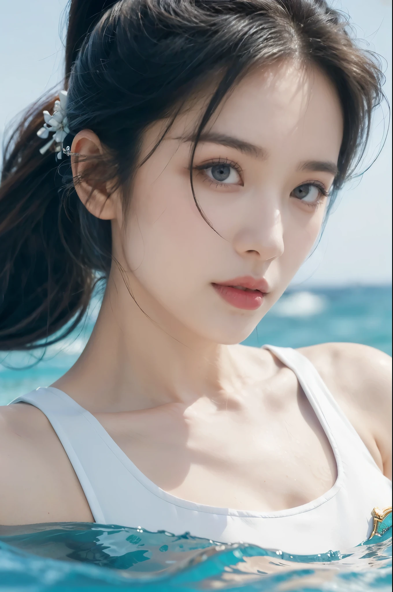 (((best quality))),(((ultra detailed))),(((masterpiece))),illustration,((1girl,naval officer,solo)),(short ponytail:1.2),((slim,thin)),((small breasts,flat chest)),(white tank top:1.3),vibrant colors,ocean background,(on the warship:1.3),majestic,turquoise waves,sun reflection,white clouds,sky,brilliant shade of blue,confident posture,gaze fixed on horizon,wind,gently blows hair,stray strands,flutter in breeze,adventure,excitement,unknown waters,beauty,strength,determination,female power,resilience,striking looks,powerful setting,sea,captivating,inspiring image,viewer,drawn to presence,challenging environment,military service,bravery,dedication,((from front,close-up of face))