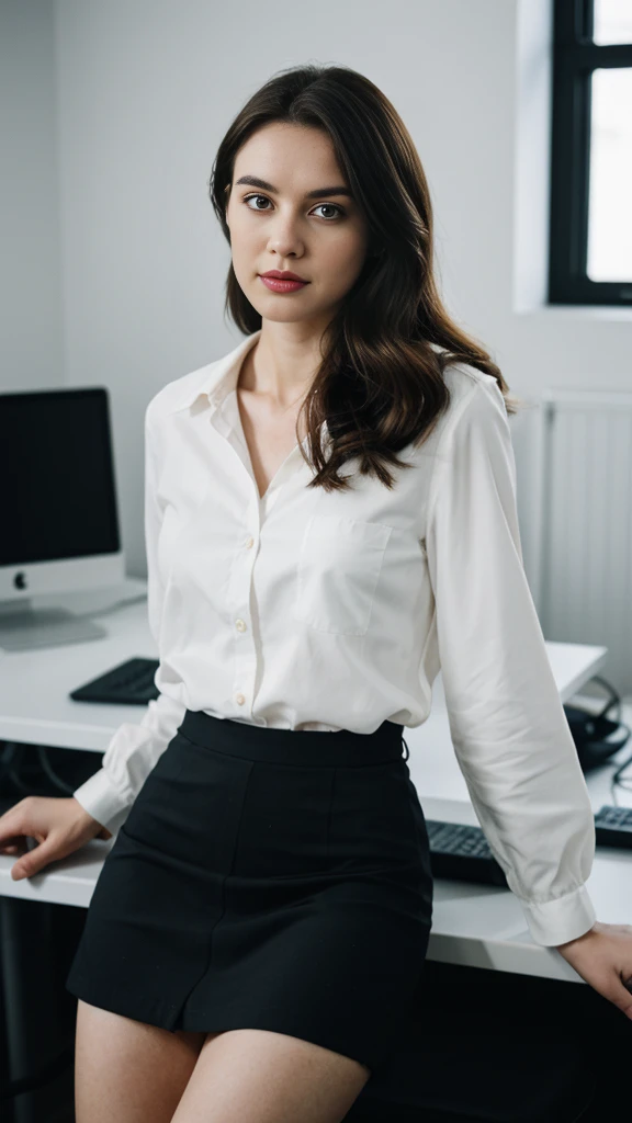an Ukrainian woman with beautiful Delicate eyes, Beautiful and delicate lips, Extremely detailed face and skin, Pale skin, 23 years old, wearing a suit, black hip skirt, high heels, medium long shot, standing in the office, long legs, full body portrait. Beautiful photography,Long eyelashes, Good anatomy , Practical skin texture, Delicate eyes, professional, 4K, Wide-angle lens, Optical Depth of Field, Kodak Vision Color, Perfectly proportioned body, Extremely detailed, ultra-photoPractical, Practical, Post-Processing, Maximum details, Roughness, real life, ultra -Practical, Photorealism, photography, 8K Ultra HD, photography