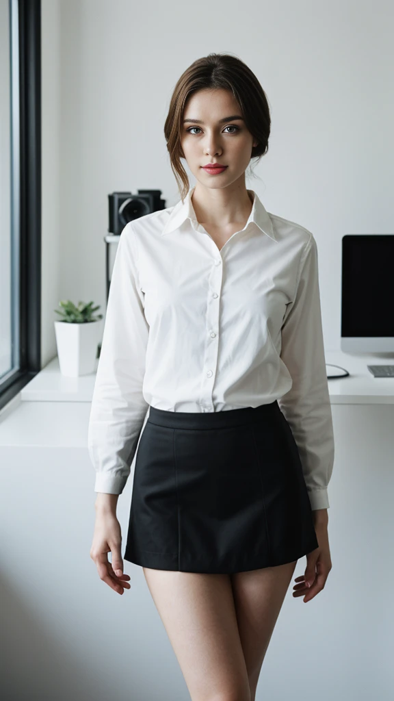 an Ukrainian woman with beautiful Delicate eyes, Beautiful and delicate lips, Extremely detailed face and skin, Pale skin, 23 years old, wearing a suit, black hip skirt, high heels, medium long shot, standing in the office, long legs, full body portrait. Beautiful photography,Long eyelashes, Good anatomy , Practical skin texture, Delicate eyes, professional, 4K, Wide-angle lens, Optical Depth of Field, Kodak Vision Color, Perfectly proportioned body, Extremely detailed, ultra-photoPractical, Practical, Post-Processing, Maximum details, Roughness, real life, ultra -Practical, Photorealism, photography, 8K Ultra HD, photography