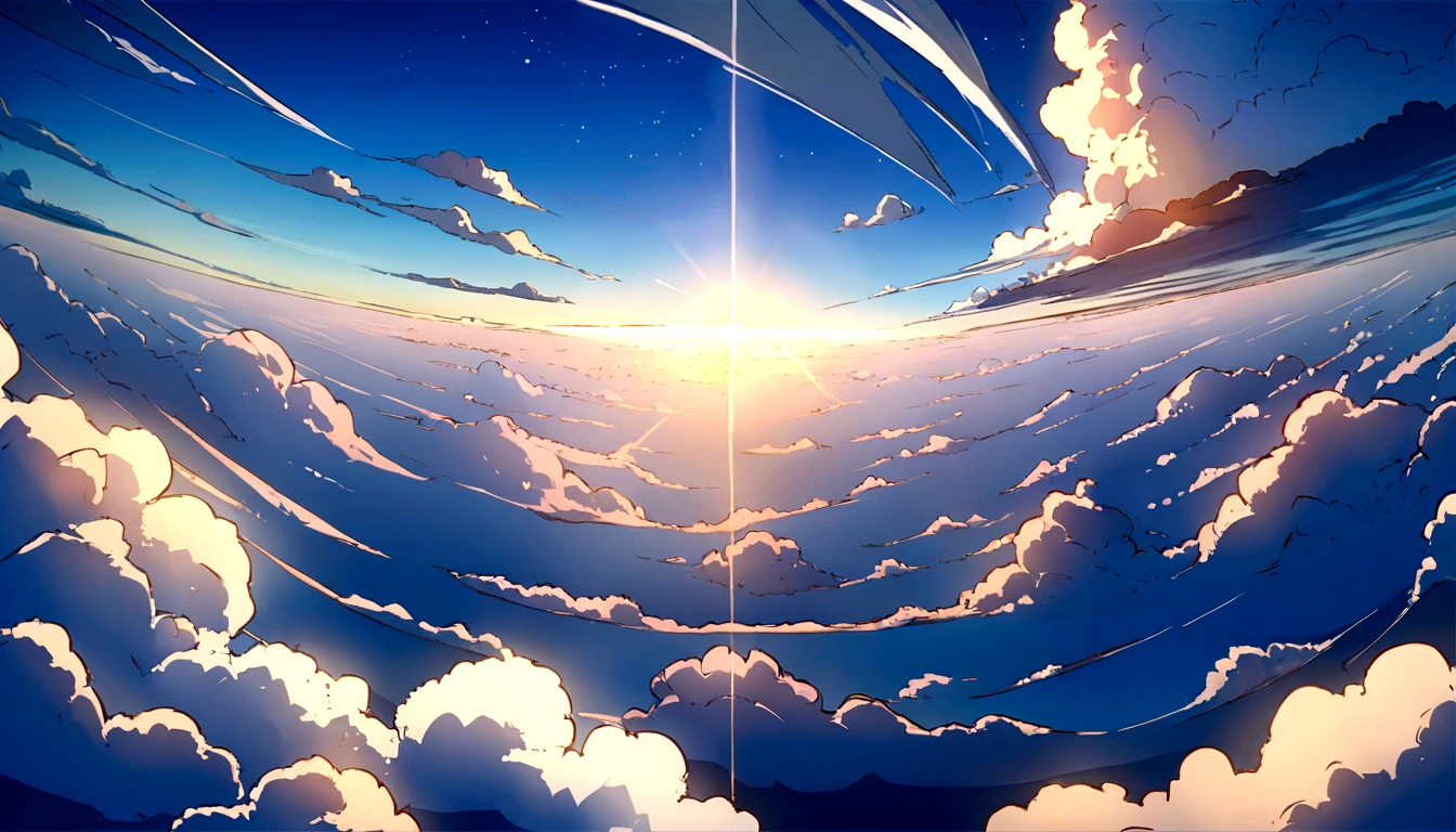 a picture of the sky with cloud and sun shining in the background, beautifull puffy cloud. anime, anime cloud, anime sky, blue sea. by Makoto Shinkai, beautiful anime scenery, Space Sky. by Makoto Shinkai, anime. by Makoto Shinkai, by Makoto Shinkai, by Makoto Shinkai, ( ( makoto shinkai ) ), anime scenery, anime atmospheric, Makoto Shinkai's Style, makoto shinkai. —h 2160, makoto shinkai. High detail, wallpaper anime blue water, Bright Sky、Heaven Background, cloud. Fantasy, anime landscape wallpaper, Makoto Shinkai's art style.(Quality-8k),彗star、star、流star群