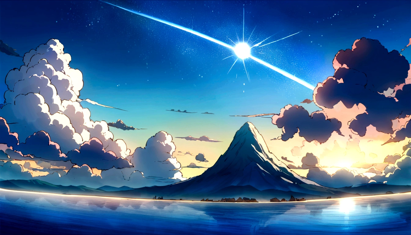 a picture of the sky with cloud and sun shining in the background, beautifull puffy cloud. anime, anime cloud, anime sky, blue sea. by Makoto Shinkai, beautiful anime scenery, Space Sky. by Makoto Shinkai, anime. by Makoto Shinkai, by Makoto Shinkai, by Makoto Shinkai, ( ( makoto shinkai ) ), anime scenery, anime atmospheric, Makoto Shinkai&#39;s Style, makoto shinkai. —h 2160, makoto shinkai. High detail, wallpaper anime blue water, Bright Sky、Heaven Background, cloud. Fantasy, anime landscape wallpaper, Makoto Shinkai&#39;s art style.(Quality-8k),彗star、star、流star群