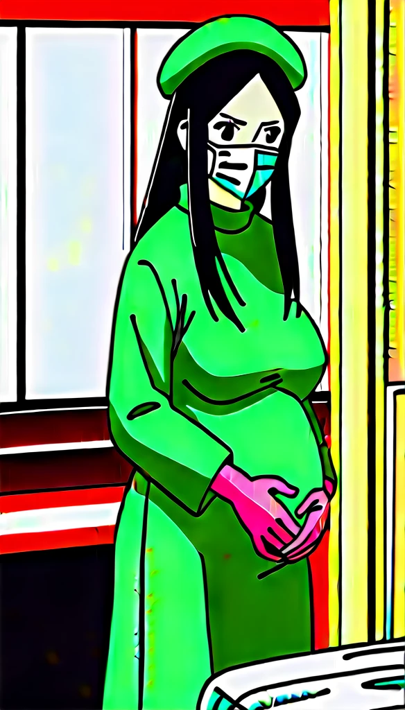 score_9,  score_8_up, score_7_up, source_anime, raw image, masterpiece, highest quality, natural light, patient room background, kasuganoray, good shape, pale skin, shy eyes, big breasts, scrubs, surgical mask, bouffant cap, long sleeve surgical gown,
1girl, pregnant, solo, rubber gloves, looking down, furrowed brow, hospital bed, standing, even though she's pregnant she has a good figure, 