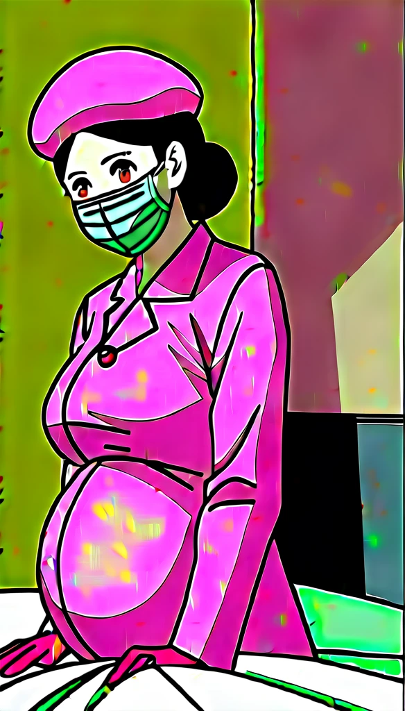 score_9,  score_8_up, score_7_up, source_anime, raw image, masterpiece, highest quality, natural light, patient room background, kasuganoray, good shape, pale skin, shy eyes, big breasts, scrubs, surgical mask, bouffant cap, long sleeve surgical gown,
1girl, pregnant, solo, rubber gloves, looking down, furrowed brow, hospital bed, standing, even though she's pregnant she has a good figure, 