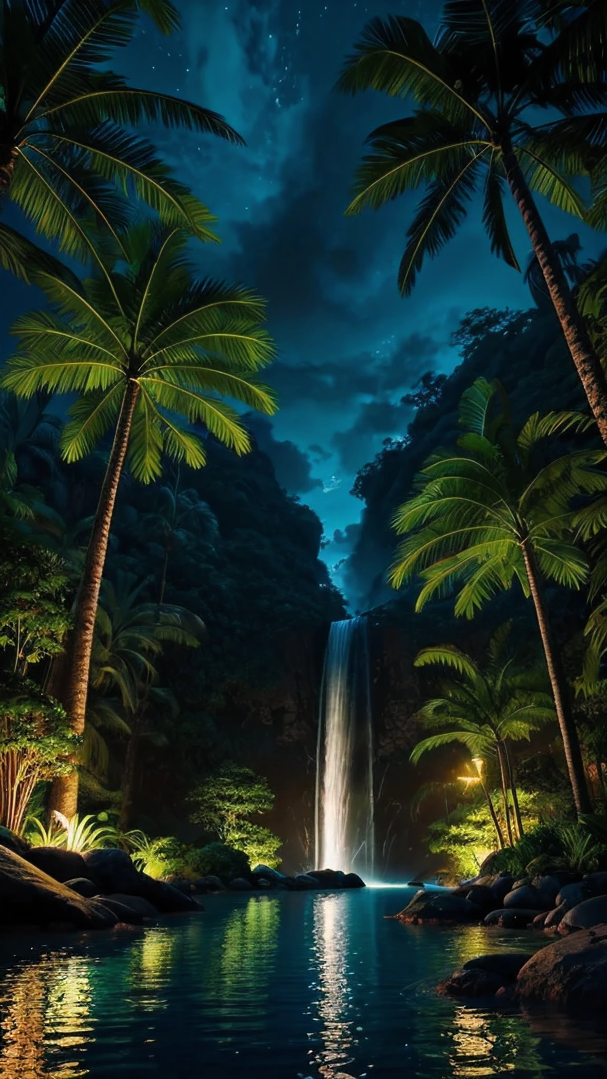 anime styling, fancy, paisaje, naturey, exotic colors, no characters, no green colors. Ultra realistic , night time , lush tropical rainforests 