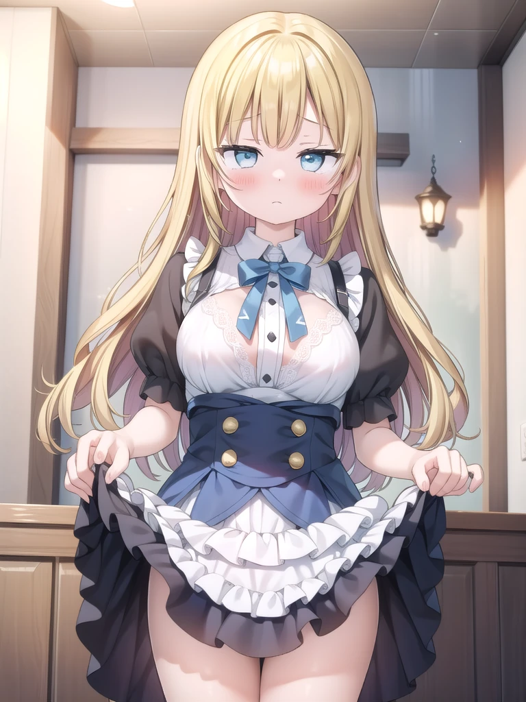 (masterpiece、Highest quality;1.3))、Super detailed、8k Unity Wallpaper、CG、Ray Tracing、An illustration、colorful、Shadows in the movie、Highly detailed and beautiful backgrounds、vhd、Shading VRay、RT、One girl、(Embarrassing)、10th Generation、、、blush、solo、blue eyes、(blush)、(Blonde Hair)、(Medium Hair)、Large Breasts、Narrow waist、白くShine肌、非常に詳細なBeautiful Face、Beautiful Face、Beautiful Eyes、(Talented Lo-Fi:1.3)、sexy、Obscene、(uniform)、(Lift up your shirt、Lace bra)、School、Close-up、Shine、Shine光、Super detailed、Scenic、Atmospheric