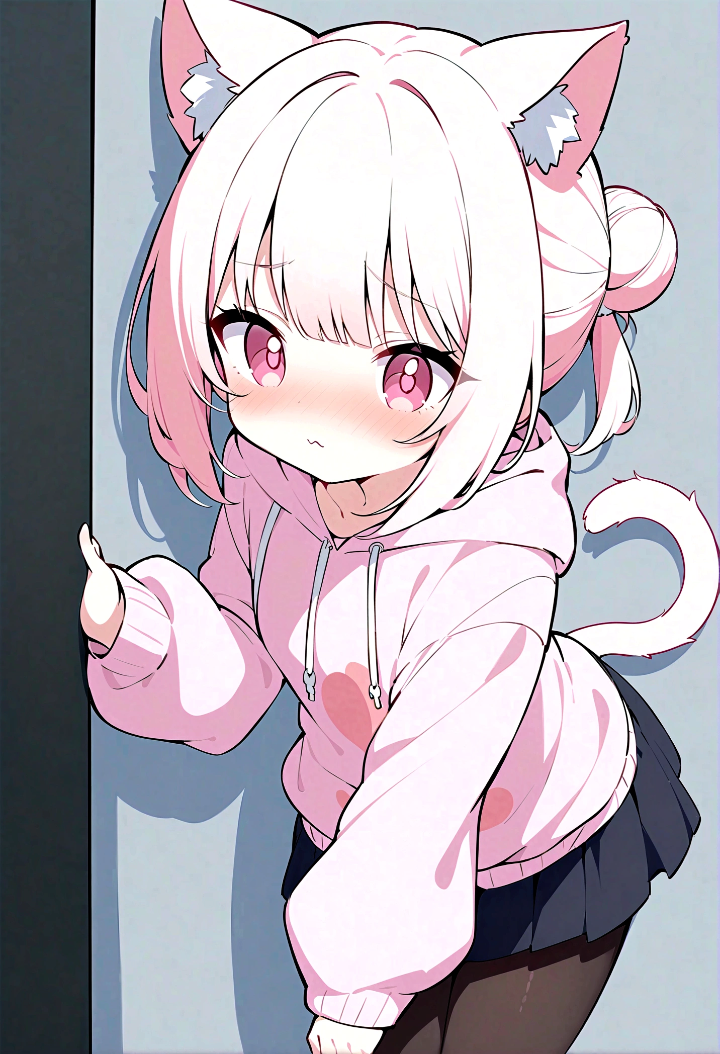 I have white pink hair, cat ears, a bun, my face is super blushing, black glasses, pink heart eyes, a big pink sweatshirt, a black skirt, black stockings, white shoes, a cat&#39;s tail, a girl. very shy that she is glued to a wall with her butt