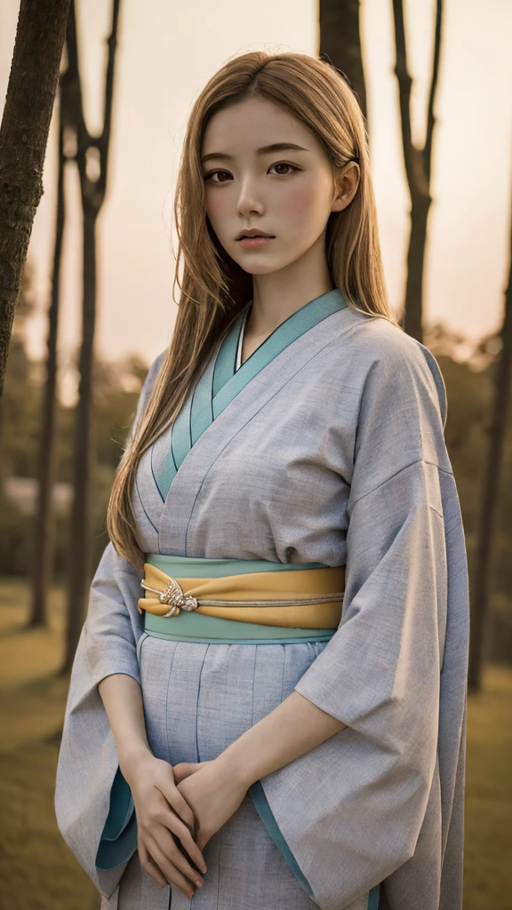 ((Highest quality)), ((masterpiece)), (detailed), Surreal,1人のgirl, sexy,Medium to long hair, Blonde,girl, Traditional Kimono, Calm expression,Naked lower body, background, a few trees, Pale gradation sky, Fine lineart, Soft Shadows, Sparkling details
