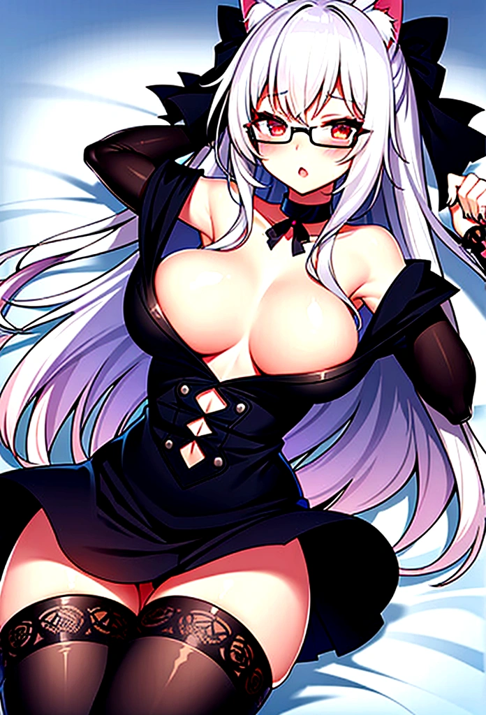 Girl with white hair, cat ears, black glasses, blushing extremely, she has put on a bra if her breasts are small, grabbing her breasts, a black skirt, a cat tail with black stockings on the bed