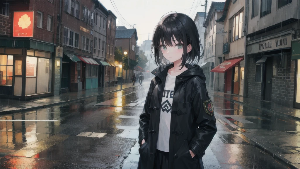 One girl, Town, rain, coat, Hands in pockets, Black Hair, Medium Short,