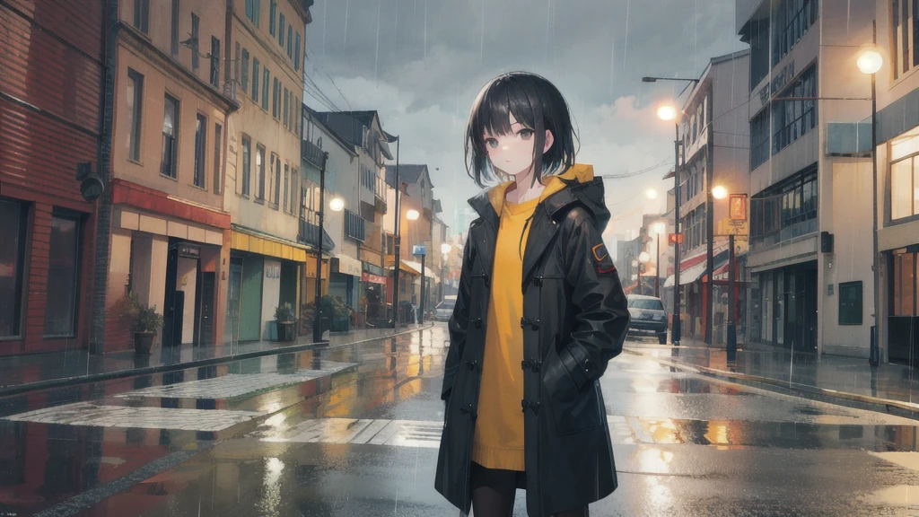 One girl, Town, rain, coat, Hands in pockets, Black Hair, Medium Short,