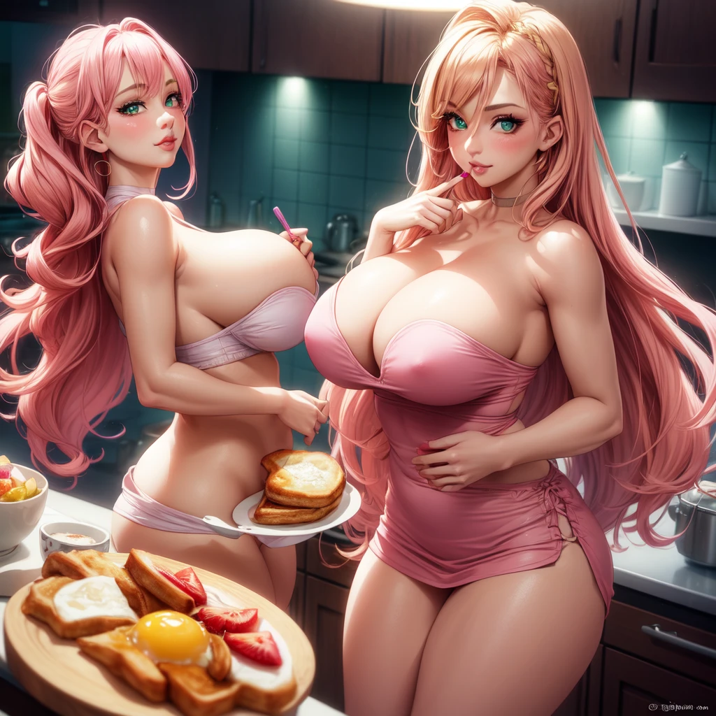 ((1 girls), solo, clevage, Big round breasts, trendy, stylish, clevage, thighs, hips, realistic, pink hair, blonde hair, light green eyes, lip gloss, detailed face, amazing big eyes, eye details, big lips, eyebrow details, blush, smirk, naughty, mischevious face, HD, good quality, kitchen, breakfast