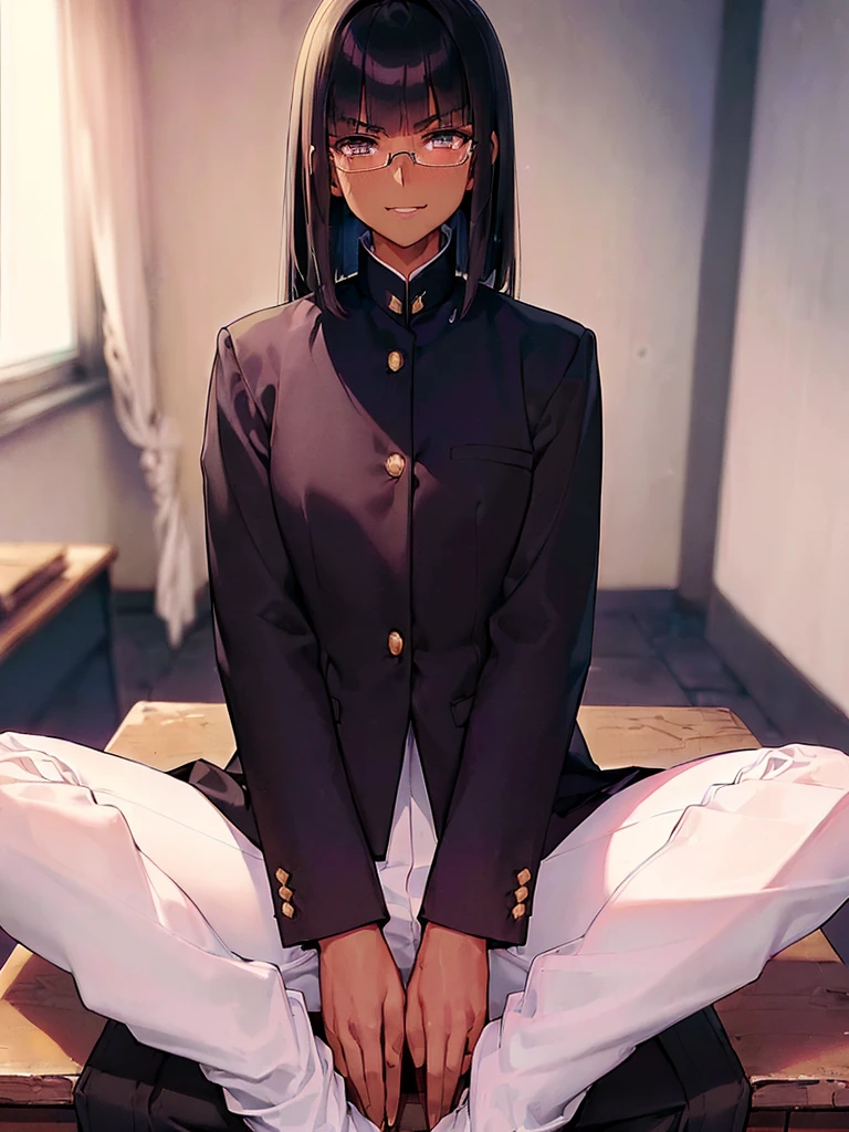 (1 girl solo),(dark skin:1.5),(masterpiece:1.2), highest quality, High resolution, unity 8k wallpaper, (fine and beautiful eyes:1.6), highly detailed face, perfect lighting, Detailed CG, (perfect hands, perfect anatomy),20 years old, (black hair:1.3), detailed eyes, best quality, extremely detailed, very precise detailed, (glasses:1.4), , (straight hair:1.5), (evil smile:1.4) ,long sidelocks, (blush:1.3),(gakuran,long pants:1.5),(short Bobbed hair:1.4),(blunt bangs:1.4), (greaming skin:1.3),(in class room:1.3),(sit on desk:1.4),(spread legs:1.4),(flat chest:1.3),(open gakuran:1.7),(Dress shirt under gakuran:1.4)
