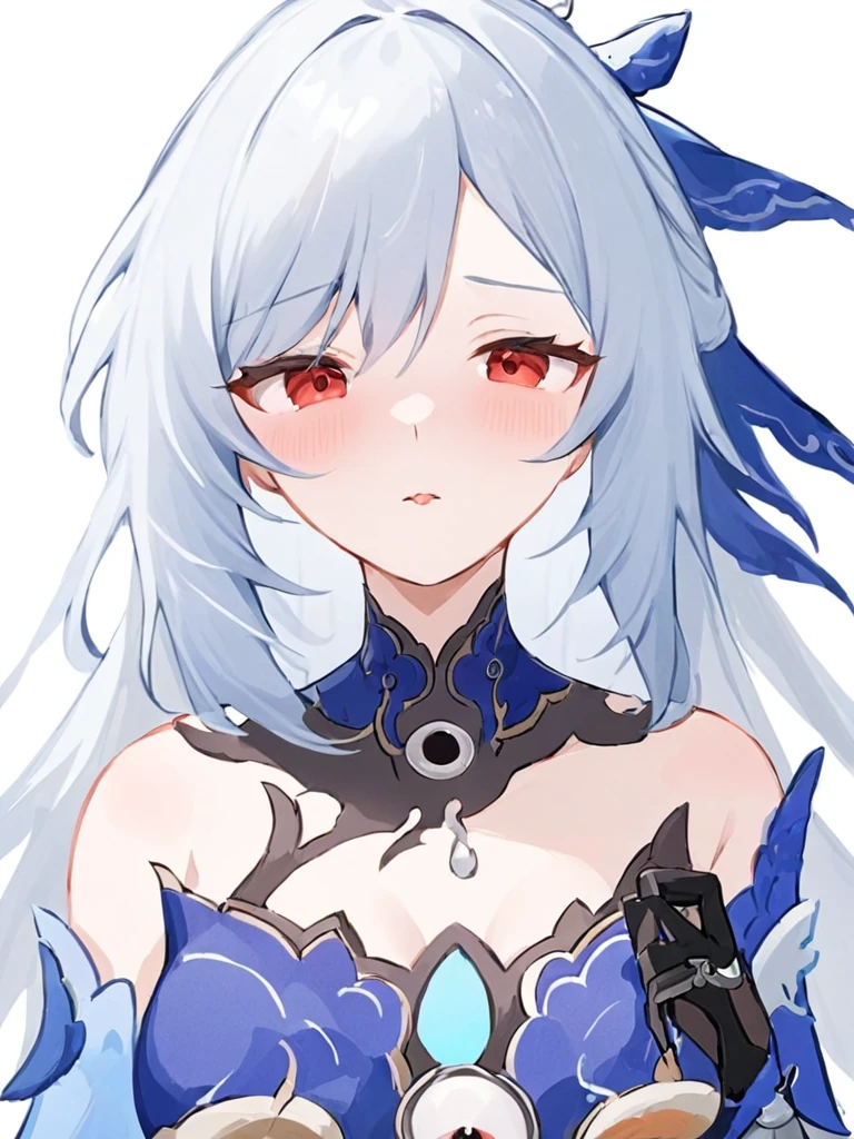 Super detailed,(Highest quality),((masterpiece)),(High resolution),original,very,Jingliu, chest, One girl, blush, Red eyes, chestの谷間, large chest, Long Hair, White Background, Simple Background, Hair between the eyes, Mouth closed, Gray Hair, Bare shoulders, gloves, dress, bangs, Upper Body, hair ornaments, Focus Only, Removable sleeves, One boy, black gloves, penis