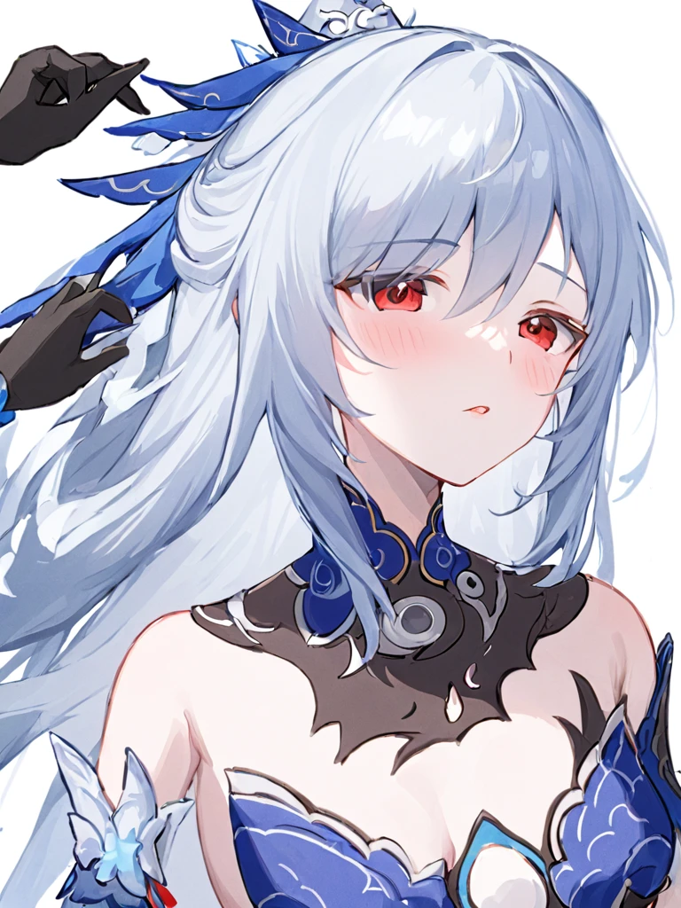 Super detailed,(Highest quality),((masterpiece)),(High resolution),original,very,Jingliu, chest, One girl, blush, Red eyes, chestの谷間, large chest, Long Hair, White Background, Simple Background, Hair between the eyes, Mouth closed, Gray Hair, Bare shoulders, gloves, dress, bangs, Upper Body, hair ornaments, Focus Only, Removable sleeves, One boy, black gloves, penis