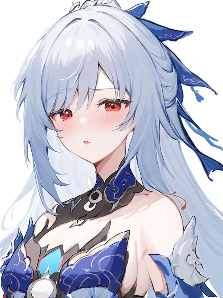 Super detailed,(Highest quality),((masterpiece)),(High resolution),original,very,Jingliu, chest, One girl, blush, Red eyes, chestの谷間, large chest, Long Hair, White Background, Simple Background, Hair between the eyes, Mouth closed, Gray Hair, Bare shoulders, gloves, dress, bangs, Upper Body, hair ornaments, Focus Only, Removable sleeves, One boy, black gloves, penis