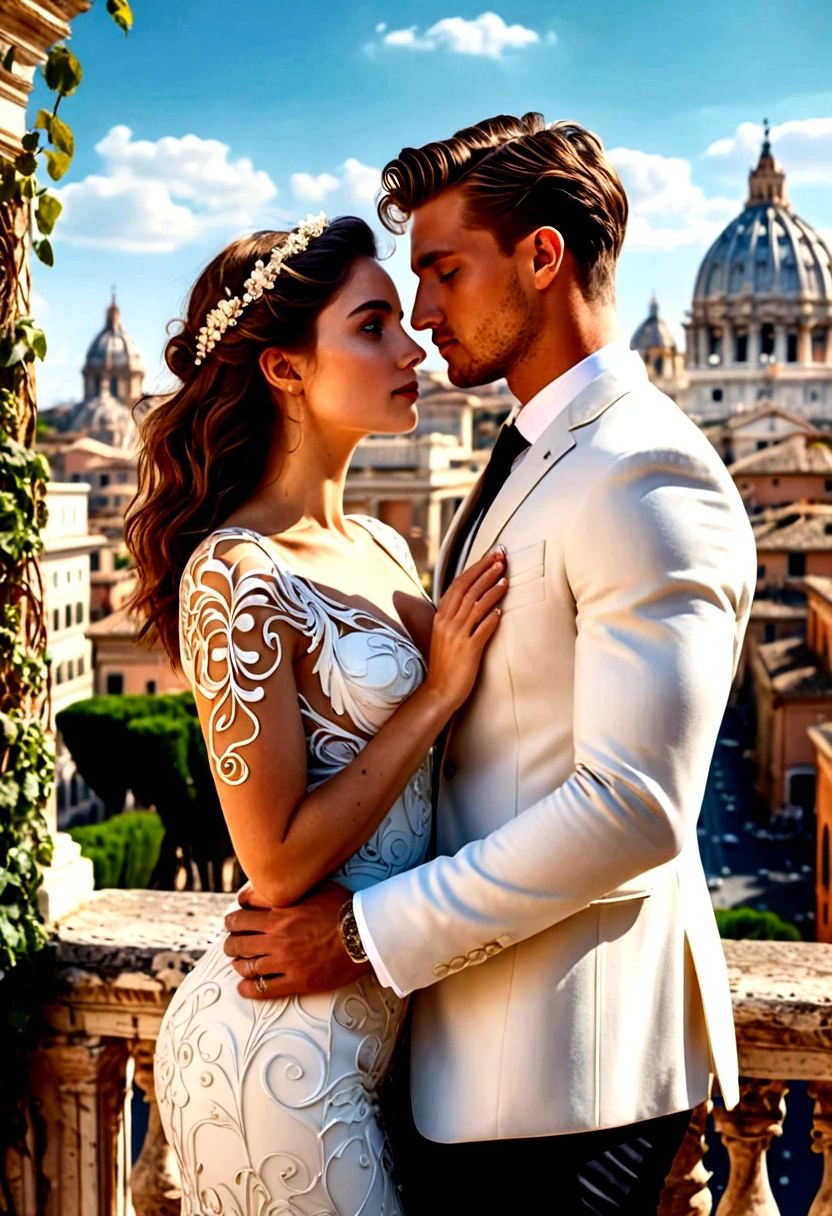 Beautiful young white couple in Rome, surreal, (romantic_detailed and accurate hand depiction, delicate features), dynamic colors, swirls, architectural streets, vines, landscape, clear sky, (highest quality, 8k, surreal:1.2), (Highly Detailed, Realistic: 1.37), Bright Background, Intricately Detailed, Amazing, Vibrant,