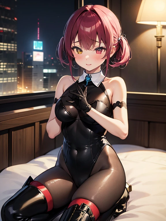 Browsing Caution,One Girl,Heterochromia iridis,Marine、Black leotard、Black Pantyhose、Black gloves、Striped Hair、Thigh-high boots,Love Hotel at Night,Bedroom,Night view,(Perfect hands),(Perfect Anatomy),(masterpiece),(Highest quality),Embarrassing,blush,One Man