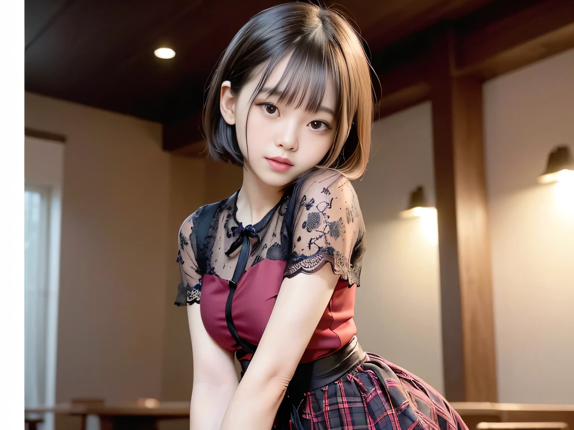 (Highest quality, masterpiece, Ultra-high resolution, 8K, RAW Photos, Realistic, Anatomically correct:1.5), 20-year-old girl:1.2, Embarrassing, avert your eyes, blush:1.0, View Viewer, ((bar)) 、Large windows、Night view、 Light:1.2, Bokeh, Cinema Lighting:1.0, Depth of written boundary, sharp、 Cute face、Idol、Wine colored short sleeve lace top、Black pleated skirt、Shiny wine-colored clothing、”dwarf”、(Floral clothes)、(Full Body Shot)、Side angle、Cowboy Shot、 smile、((Ultra short hair、Berry Short))、(Straight bangs)、((See-through))、(( One Girl))、Waist、I can see your thighs、