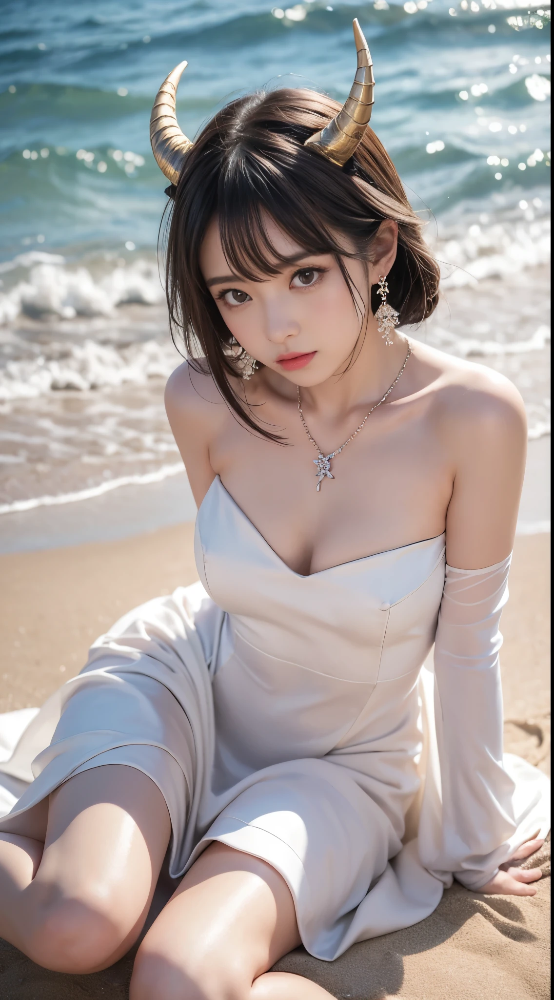 1girl, 独奏, jewelry, horns, necklace, bare shoulders, bangs, blush, dress, earrings, gloves, sorasaki hina (dress), elbow gloves, sidelocks, A beautiful woman lying flat on the beach，Bird&#39;s-eye view shooting，Lift up the skirt with your hands，Very rich details，((I-type Valley)), ((E-cup)), ((Visible cleavage)), warm sunlight，Soft sandy beach texture，（lifelike的皮肤:1.2），（Flowing hair:1.1），（Fine skirt:1.3），（Shadows and Highlights:1.2），（Ocean in the background:1.1），（breeze:1.0），（Clear skies:1.0），Intricate fabric details，Relaxed gesture，Gentle expression, Elegant posture，Smile，sunny，Delicate fabric texture，(lifelike:1.2)，(high quality:1.3)，(Natural light:1.1),