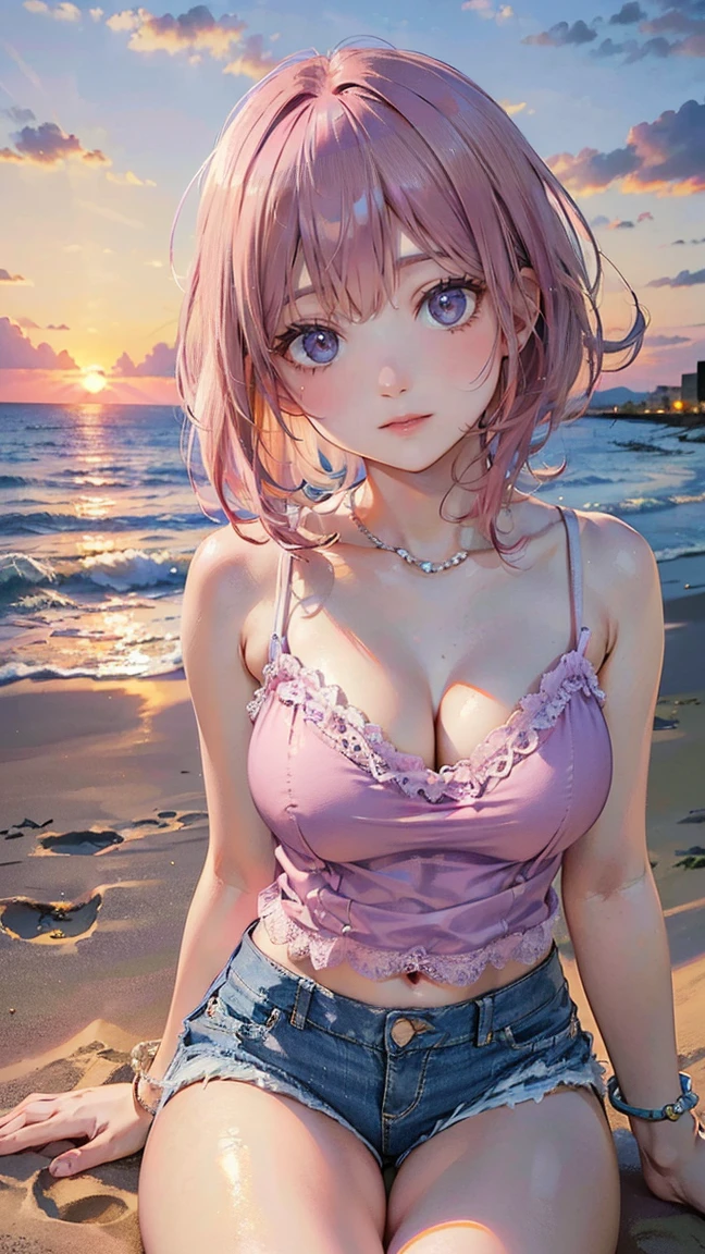 (Masterpiece, BestQuality:1.3), (ultra detailed:1.2), (hyperrealistic:1.3), (RAW photo:1.2), High detail RAW color photo, professional photograph, (Photorealistic:1.4), (realistic:1.4), (Pink Hair:1.5), professional lighting, perfect anatomy, (Big Breasts:1.2), (blush, detailed face), (A happy smile:1.7), sexly, erotic sexly, Random sexy gravure poses, (A sweet beauty in a pale purple lace camisole and denim shorts、Smiling while watching the sunset on the beach at dusk、Pearl Anklet、Sitting on sand pose。:1.3)
