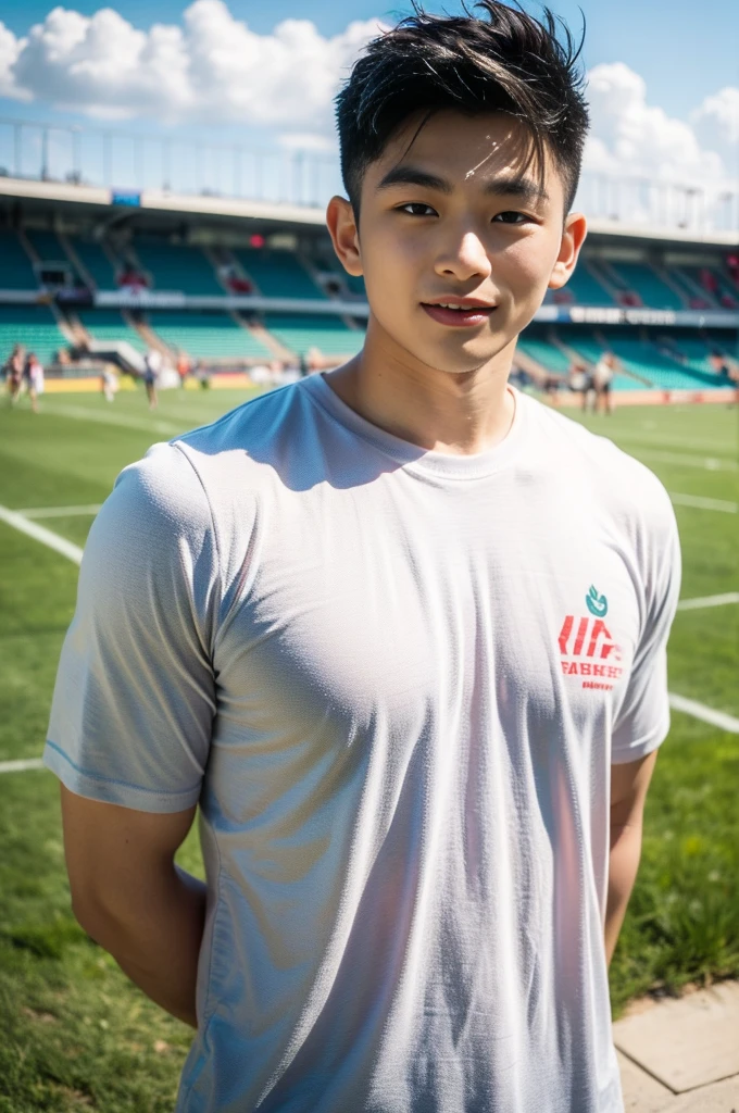 A handsome, muscular young Asian man looks at the camera. In a simple t-shirt white and red , Fieldside, grass, beach, sunlight