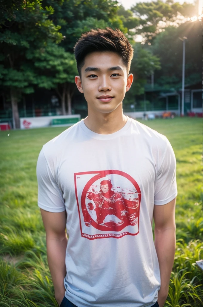 A handsome, muscular young Asian man looks at the camera. In a simple t-shirt white and red , Fieldside, grass, beach, sunlight