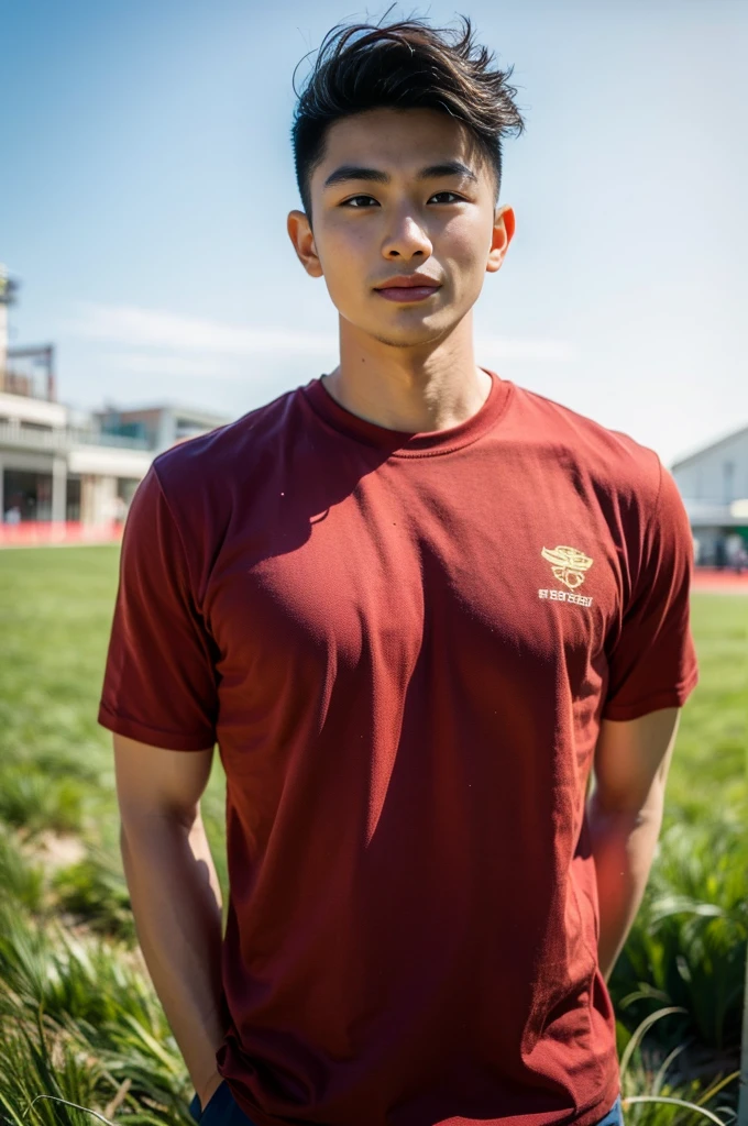 A handsome, muscular young Asian man looks at the camera. In a simple t-shirt white and red , Fieldside, grass, beach, sunlight