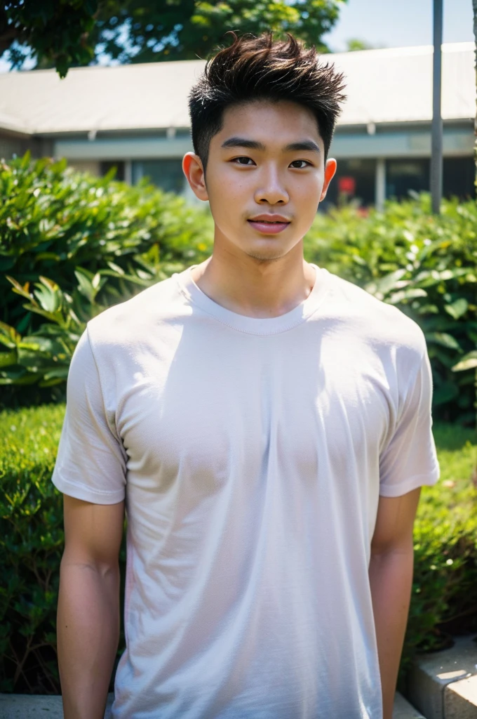 A handsome, muscular young Asian man looks at the camera. In a simple t-shirt white and red , Fieldside, grass, beach, sunlight