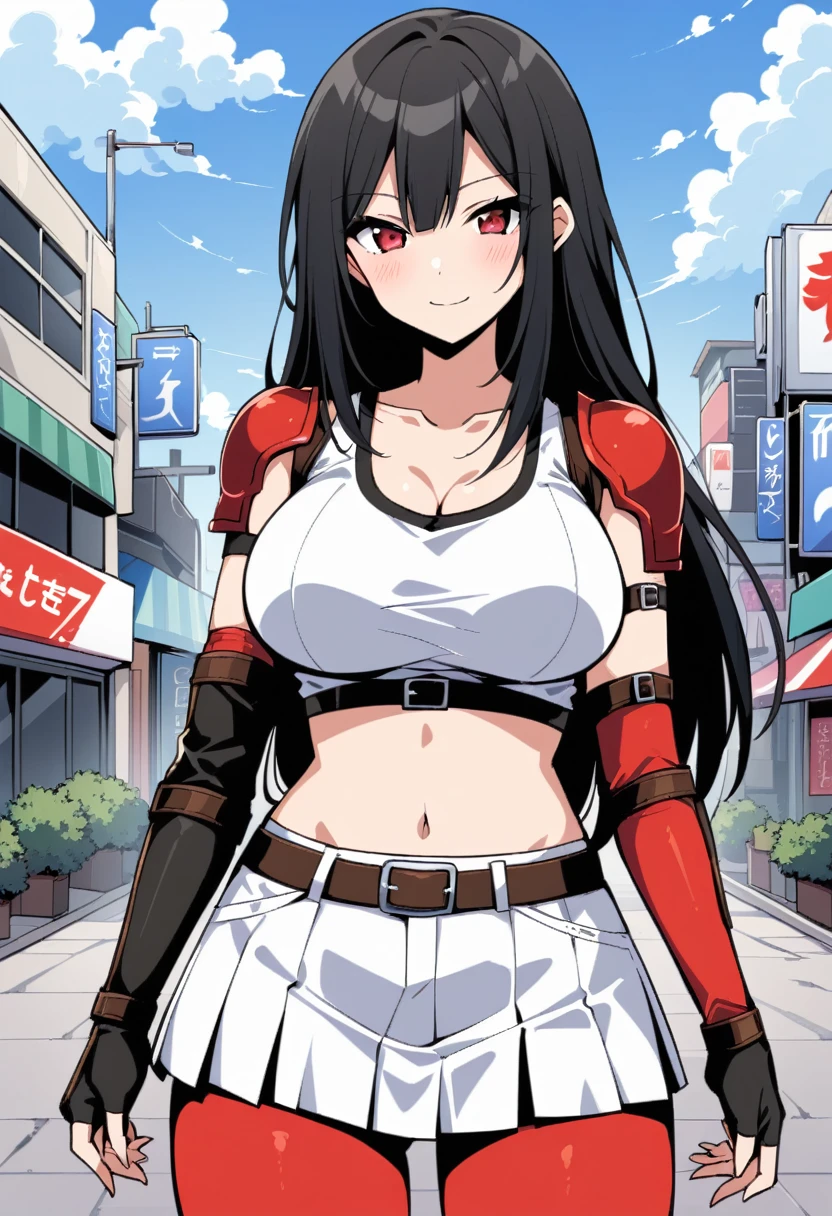 score_9, score_8_up, score_7_up, ,front_view,breast front view,,(soro focus),standing,straight-on,,(hands on hip),,,(upperbody),looking_at_viewer ,1girl, tifa lockhart, final fantasy,(beautiful woman). tareme,black hair, low-tied long hair, red eyes, bangs, white tank top, belt, pleated skirt, thighhighs, elbow fingerless gloves, elbow pads, midriff, navel,suspender skirt.zettai ryouiki ,(large_breasts:1),(perky breasts;1,3),(light smile),slender_waist:1.2 ,Solo,,(daytime and outdoors),(masterpeace),(best quality),((aesthetic,very aesthetic)),,highly detailed,(megami_magazine),