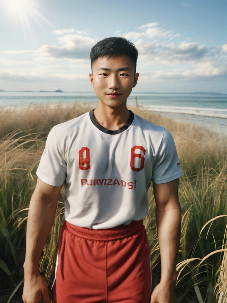A handsome, muscular young Asian man looks at the camera. In a simple t-shirt white and red , Fieldside, grass, beach, sunlight, Carrying a camera, smiling