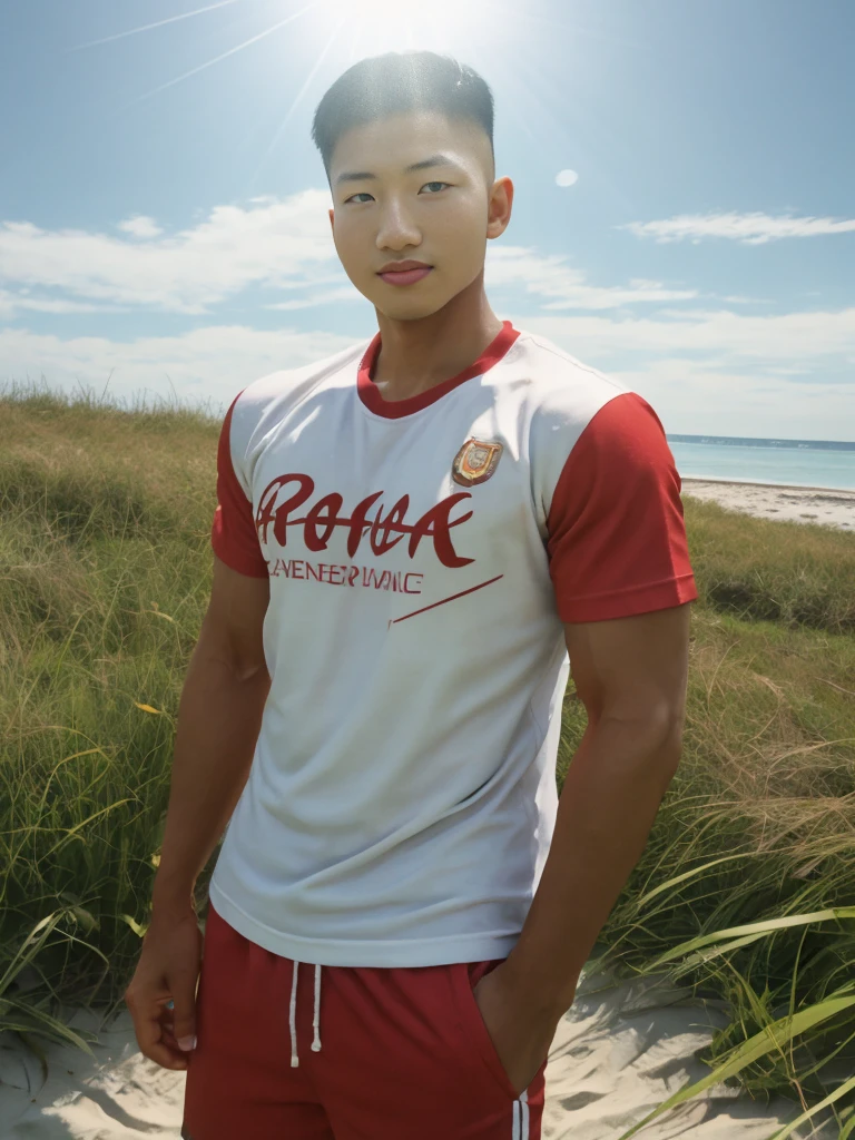 A handsome, muscular young Asian man looks at the camera. In a simple t-shirt white and red , Fieldside, grass, beach, sunlight