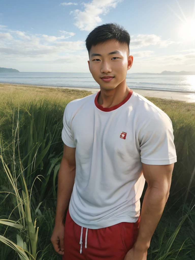 A handsome, muscular young Asian man looks at the camera. In a simple t-shirt white and red , Fieldside, grass, beach, sunlight
