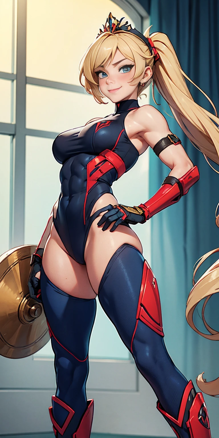 whole body, red breastplate, Redskin, looking at the viewer, bright,armor, Thighs, waders,shoulder armor, failures, Poland, gloves, gauntlets, Rerebrace armored boots, shoulder pads,(Masterpiece, Best Quality, ultra detailed, best shadow) yordle (1 girl)( Redskin:1.2) pointy ears muscular lean platinum blonde long twin-tails hairstyle at the office lustful smirking smile face red blushed, blush, strong abs, female bodybuilder, tiara, double hair drills