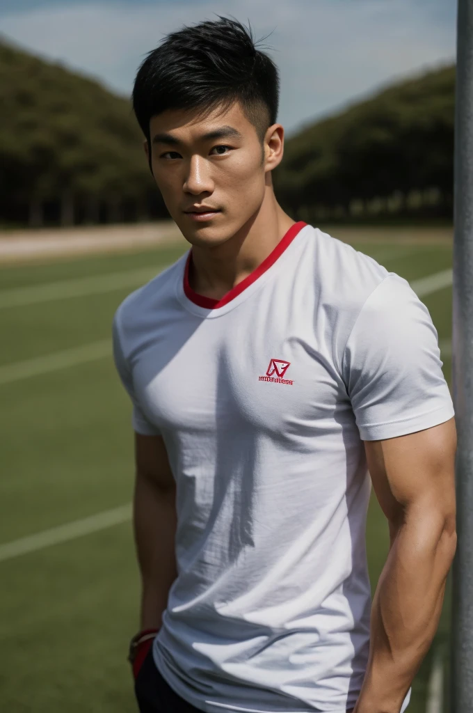 A handsome, muscular young Asian man looks at the camera. In a simple t-shirt white and red , Fieldside, grass, beach, sunlight