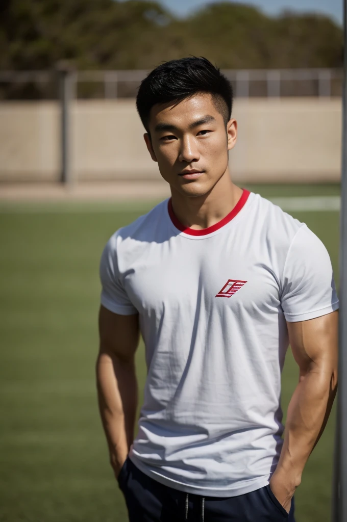A handsome, muscular young Asian man looks at the camera. In a simple t-shirt white and red , Fieldside, grass, beach, sunlight