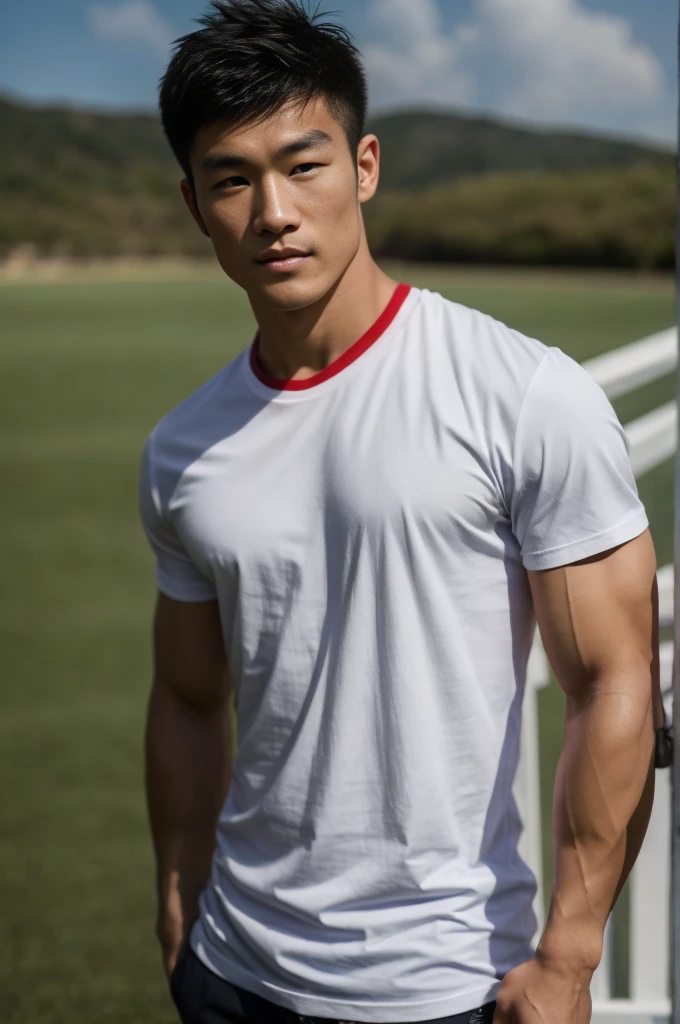 A handsome, muscular young Asian man looks at the camera. In a simple t-shirt white and red , Fieldside, grass, beach, sunlight