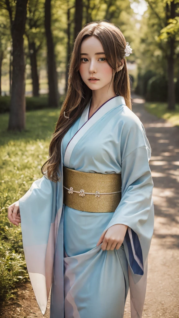 ((Highest quality)), ((masterpiece)), (detailed), Surreal,1人のgirl, sexy,Medium to long hair, Blonde,girl, Traditional Kimono, Calm expression,Naked lower body, I can see the pussy,background, a few trees, Pale gradation sky, Fine lineart, Soft Shadows, Sparkling details