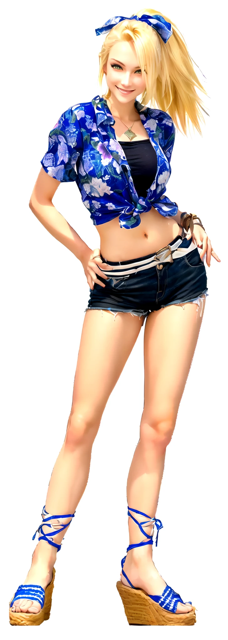 she's European, blonde hair, olive green eyes, (eyes turned to look at the camera), swedish, as a character in Out Run 2, of SEGA, 3D CG from the 2000s, Clarissa, 2k, 2 k, ((smiling face)), realistic, render of april, fighting game character, nina from tekken, bright clean face, from devil may cry, hawaiian shirt, no bra, foulard tied on her head, hands on her hips, wide open curious eyes, carefree pose, she wears no bra, shirt knotted to reveal belly