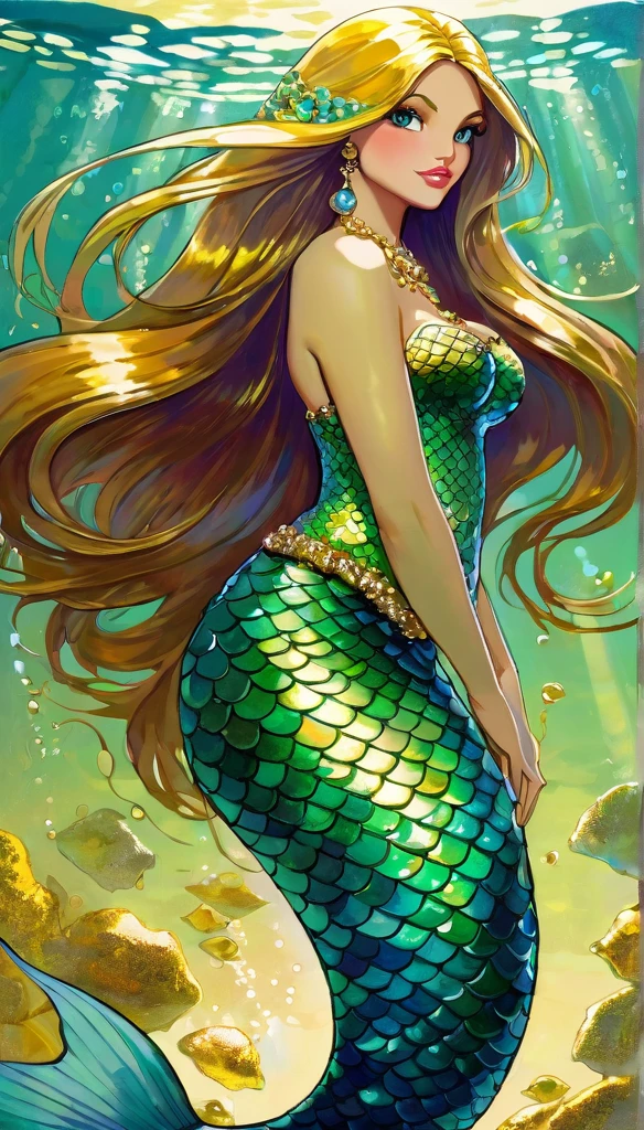 mermaid, intricate detailed mermaid tail, iridescence green and gold scales, confident stare, feminine pose, messy long golden hair adorned with jewels, very detailed water background, perfect lighting, epic, masterpiece, high-resolution, high-definition (art inspired in Skottie Young and Bill Sienkiewicz). oil painting)