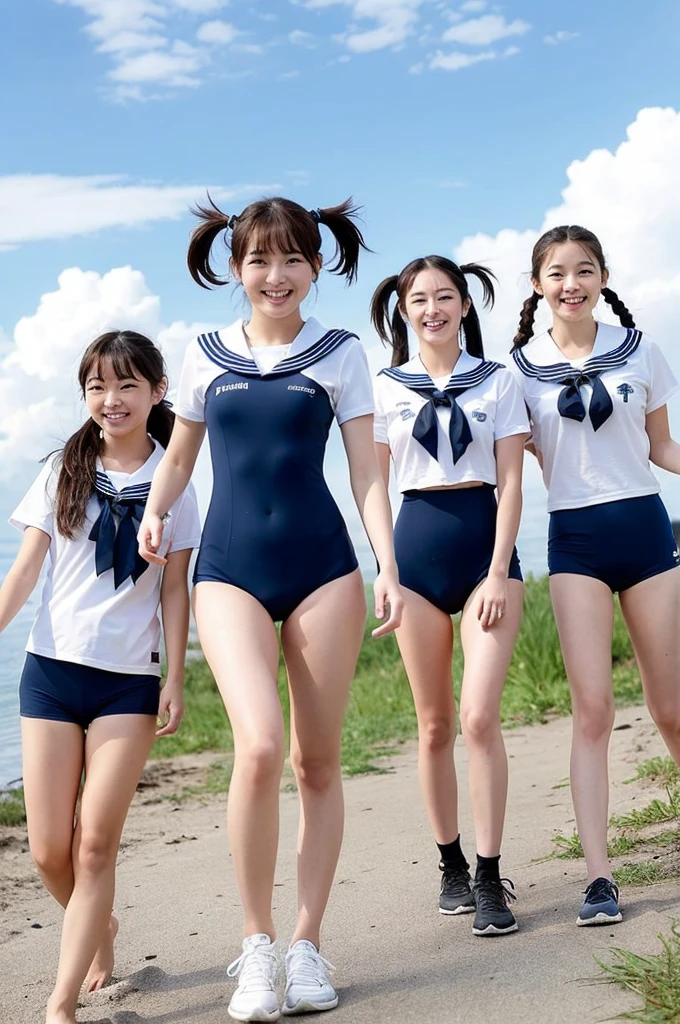 {2 | 3 | 4} girls walking in rural school beach,cumulonimbus cloud in summer sky,navy blue school swimsuit with white trim,sailor shirt over,18-year-old,bangs,a little smile,thighs,knees,short hair with low pigtails bunches,from below,front light