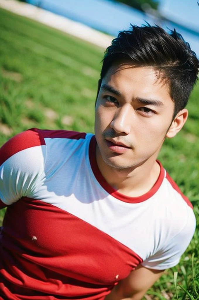 A handsome, muscular young Asian man looks at the camera. In a simple t-shirt white and red , Fieldside, grass, beach, sunlight