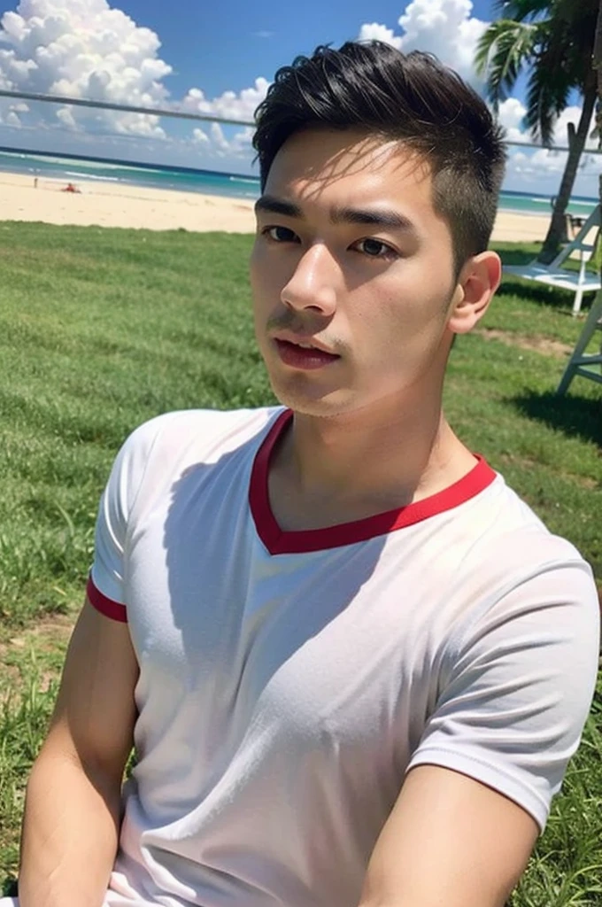 (8k、RAW Photography、top-quality、​masterpiece:1.2)、(realisitic、Photorealsitic:1.37)、ultra-detailliert、high resolution、1boy, white skin, (big bulge) ,swim suit , low angle ,wild, crotch focus, leg between open