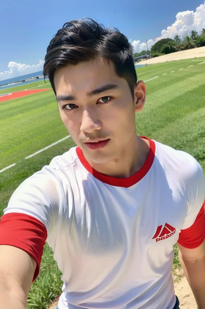 A handsome, muscular young Asian man looks at the camera. In a simple t-shirt white and red , Fieldside, grass, beach, sunlight