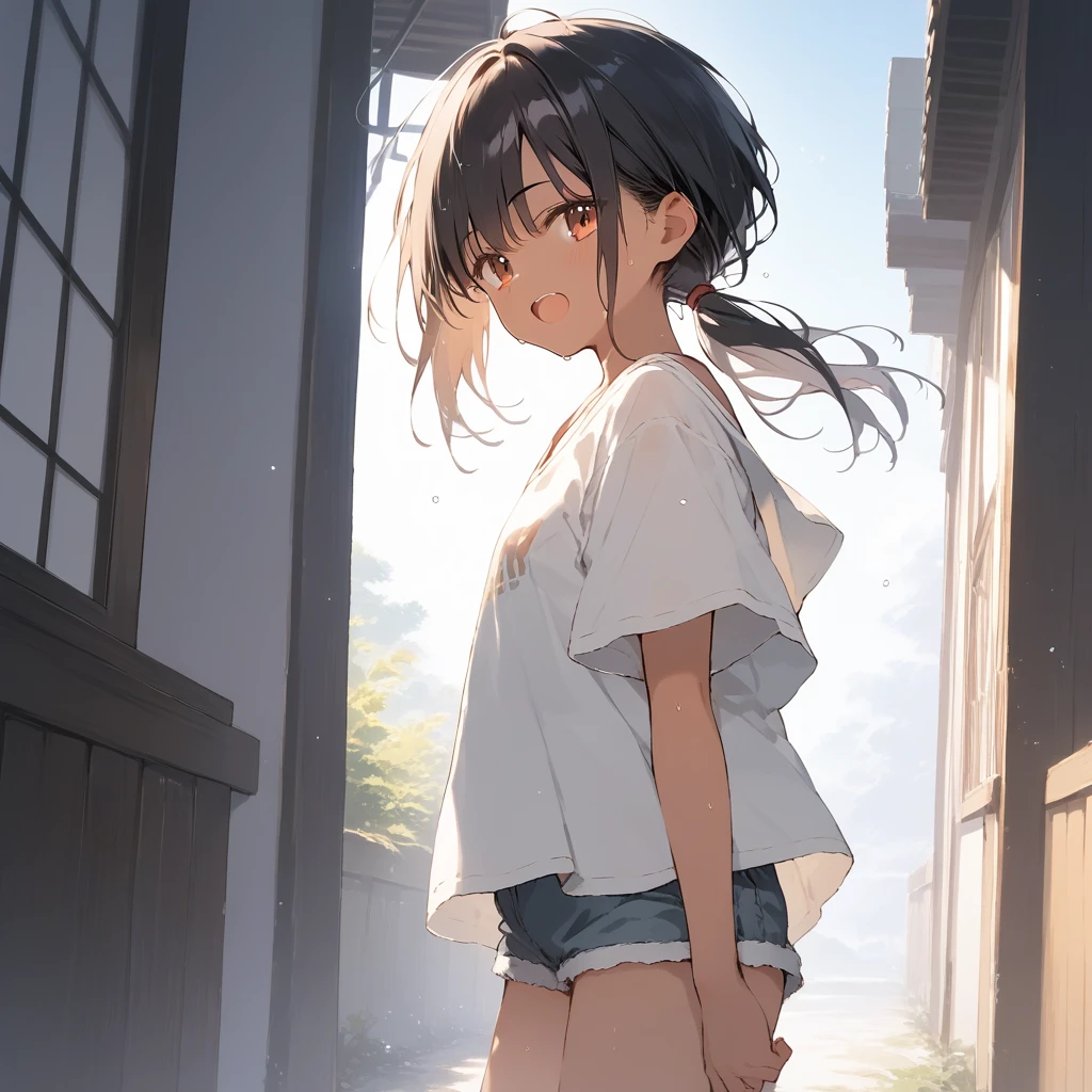 score_9, score_8_up, score_7_up, source_anime, best quality, masterpiece, official art, absurdres, highres, ultra-detailed,waifu2x,Collection: Slice of Life,break,1girl, tomboy, dark-skinned female, short hair, low ponytail, flat chest, beautiful detailed eyes, short shorts, sweat, open mouth, (yawn:0.3), sleepily, outdoors, wind,break,(clear line illustration:1.2), super detailed skin,very high resolution, very aesthetic, Best sexual lighting powered by famous artist, 8k,cute picture,beauty illustration,photoshop_(medium),,(Detailed Lighting),best anime 8k konachan wallpaper, pixiv contest winner,