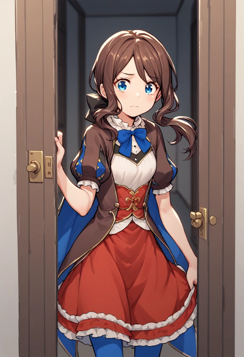 One girl, blue eyes, Long Hair, Brown Hair, Side Lock, Low Ponytail, ribbon, dress, White shirt, Puffy sleeves, Short sleeve, Red Skirt, Cape, Blue Pantyhose, corridor,（((I was pulled by the arm and forcibly dragged through the door.)))