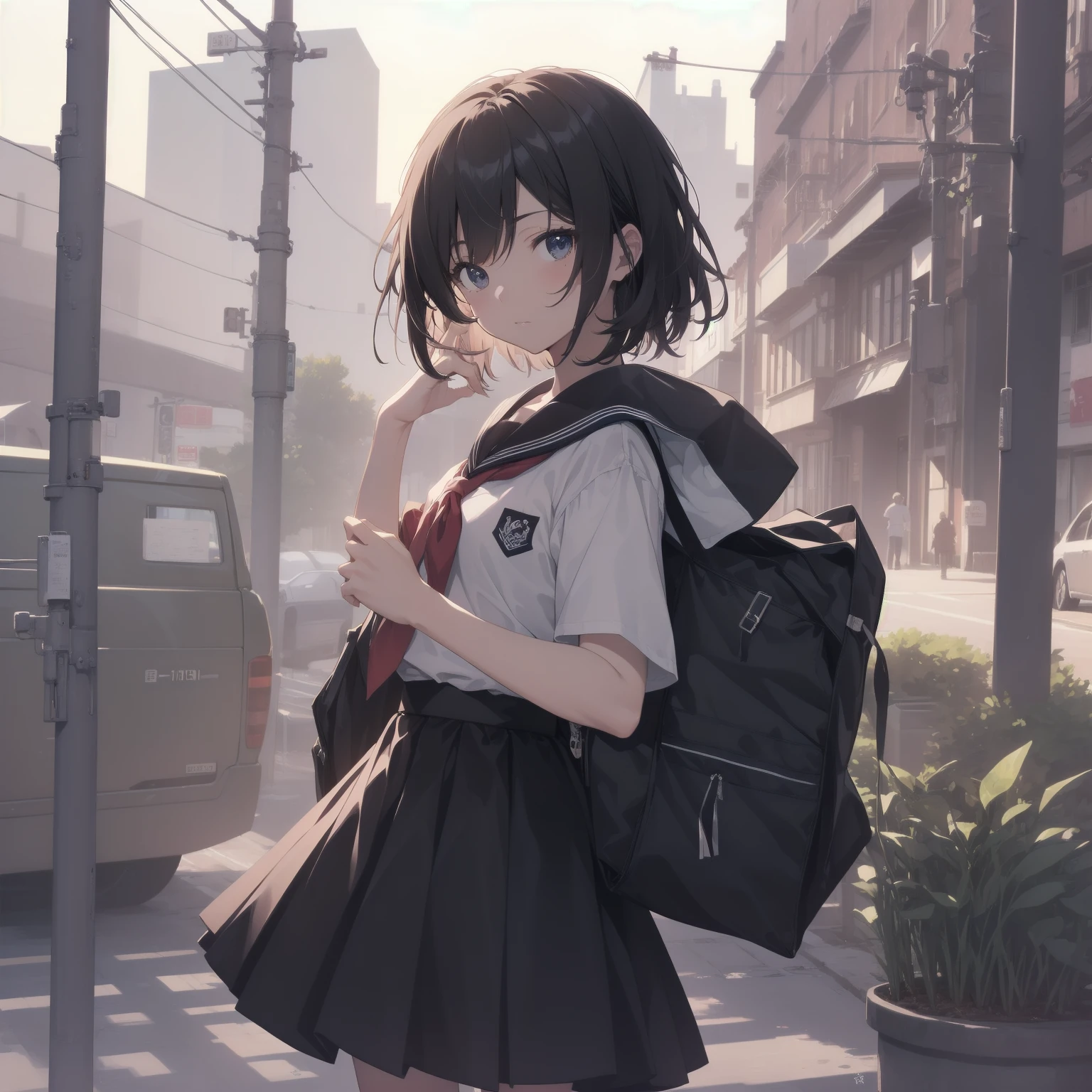 ultra-absurdres-Top quality by artist God, ultra-detailed, high resolution, anime moe artstyle, best anime 8k konachan wallpaper, pixiv contest winner, pool:2810, perfect anatomy,break, 1girl, (Please draw a girl walking sleepily to school alone. )break,(Solo,little female, 13-year-old:1.3),Full limbs, complete fingers,a junior high school student, (very short hair), short cut, flat chest, , small butt, small black eyes, beautiful detailed eyes, well-proportioned iris and pupils, expressive eyes, highres detailed hair, soft expression, salor school_uniform, sailor collar, serahuku, bow, pleated skirt,(Detailed Lighting), (Detailed background), in the School commute route. break,super detailed skin, Best cinematic lighting powered by famous artist, 8k,beauty illustration,photoshop_(medium),very aesthetic,break,((artist:yamamoto_souichirou )), artist:clamp ,artist:carnelian ,artist:kantoku ,